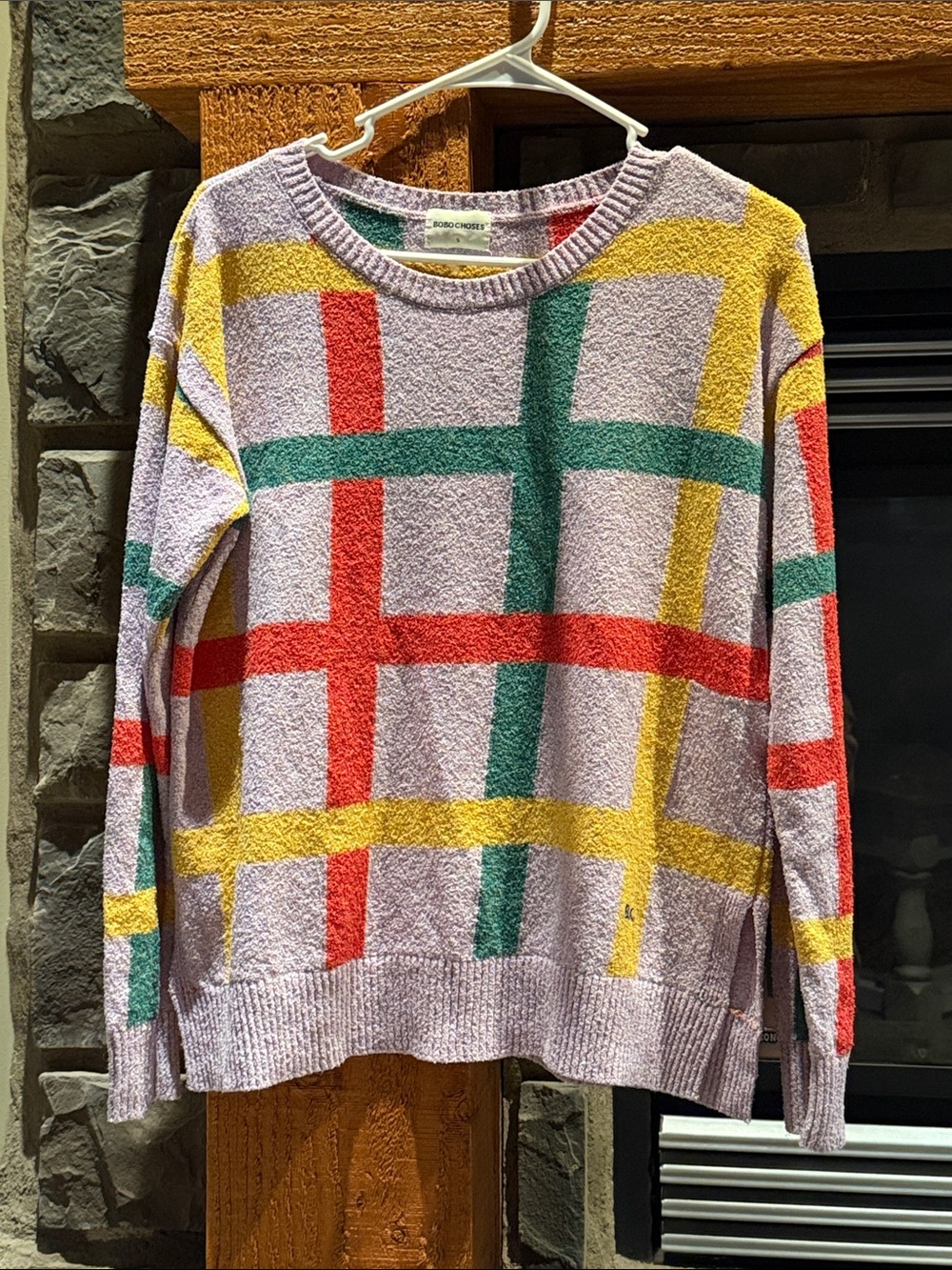 Bobo Choses Lavender Crewneck Sweater with Red, Green and Yellow Plaid - Picture 4 of 11